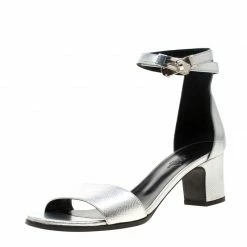 Hermes Metallic Silver Leather Manege Ankle Strap Sandals Size 38.5 For Women