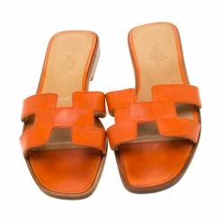 Hermes Orange Leather Oran Flat Slides Size 35.5 For Women -Deals Hermes Store luxury women hermes used shoes p207976 004