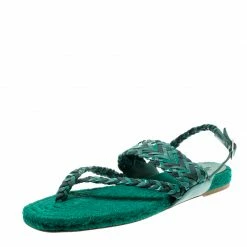 Hermes Green Braided Leather/Canvas Espadrille Flat Sandals Size 41 For Women