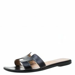 Hermes Black Leather Oran Slip On Slides Size 36.5 For Women