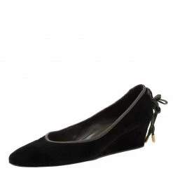 Hermes Black Suede Bow Detail Wedge Pumps Size 39 For Women