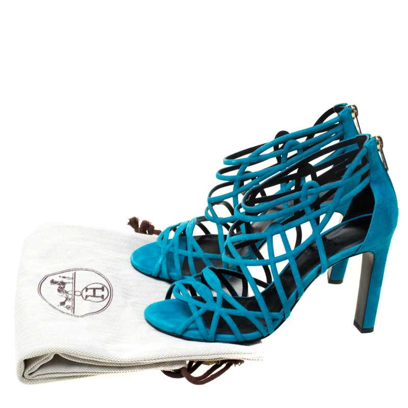 Hermes Blue Suede Strappy Peep Toe Sandals Size 38 For Women 10 Hermes Blue Suede Strappy Peep Toe Sandals Size 38 For Women - Image 8