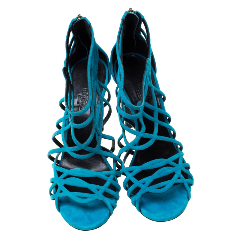Hermes Blue Suede Strappy Peep Toe Sandals Size 38 For Women 5 Hermes Blue Suede Strappy Peep Toe Sandals Size 38 For Women - Image 3