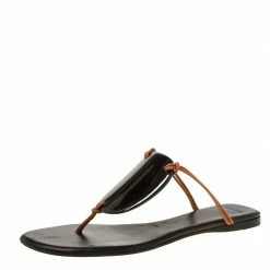 Hermes Black/Brown Medallion Cord Thong Slides Size 37 For Women