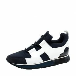 Hermes Navy Blue/White Fabric And Leather Player Sneakers Size 38 For Women