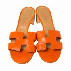 Hermes Orange Leather Oasis Slides Size 40 For Women -Deals Hermes Store luxury women hermes used shoes p223609 006