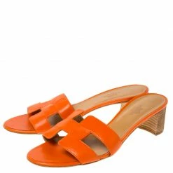 Hermes Orange Leather Oasis Slides Size 40 For Women -Deals Hermes Store luxury women hermes used shoes p223609 007