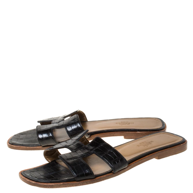 Hermes Black Crocodile Oran Flat Slides Size 39 For Women 6 Hermes Black Crocodile Oran Flat Slides Size 39 For Women - Image 4