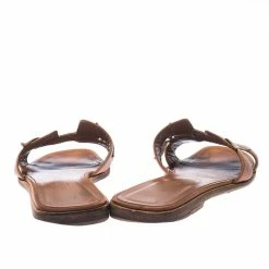 Hermes Hermès Brown Leather Gold Leaves Oran Flat Slides Size 40 For Women -Deals Hermes Store luxury women hermes used shoes p224883 005