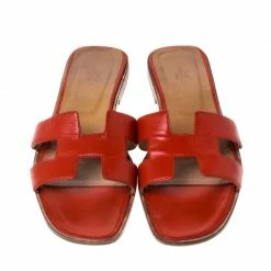 Hermes Red Leather Oran Slip On Slides Size 41 For Women -Deals Hermes Store luxury women hermes used shoes p229428 004