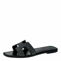 Hermes Black Crystal Embellished Suede Oran Sandals Size 38.5 For Women