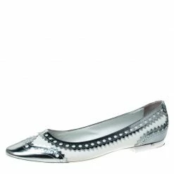 Hermes Hermès Silver/White Brogue Leather Ballet Flats Size 41 For Women