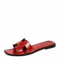 Hermes Red Patent Leather Oran Flat Slides Size 38.5 For Women