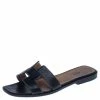 Hermes Black Leather Oran Flat Slides Size 37 For Women