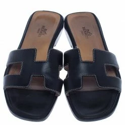 Hermes Black Leather Oran Flat Slides Size 37 For Women -Deals Hermes Store luxury women hermes used shoes p238094 005