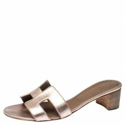 Hermes Metallic Bronze Leather Oasis Slide Sandals Size 39.5 For Women