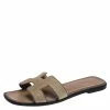 Hermes Beige Crystal Suede Oran Flat Slides Size 39 For Women