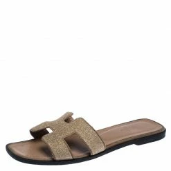 Hermes Beige Crystal Suede Oran Flat Slides Size 39 For Women