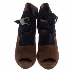 Hermes Blue/Brown Suede Double Ankle Strap Open Toe Booties Size 40 For Women -Deals Hermes Store luxury women hermes used shoes p242523 001