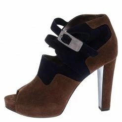 Hermes Blue/Brown Suede Double Ankle Strap Open Toe Booties Size 40 For Women -Deals Hermes Store luxury women hermes used shoes p242523 003