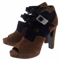 Hermes Blue/Brown Suede Double Ankle Strap Open Toe Booties Size 40 For Women -Deals Hermes Store luxury women hermes used shoes p242523 009