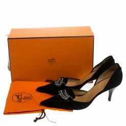 Hermes Black Suede Metal Chain Detail D'orsay Pumps Size 38.5 For Women -Deals Hermes Store luxury women hermes used shoes p242748 001