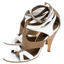 Hermes White/Brown Leather Strappy Open Toe Sandals Size 38 For Women -Deals Hermes Store luxury women hermes used shoes p242870 002