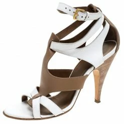 Hermes White/Brown Leather Strappy Open Toe Sandals Size 38 For Women