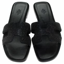 Hermes Black Glitter Leather Oran Flat Slides Size 41 For Women -Deals Hermes Store luxury women hermes used shoes p244266 003