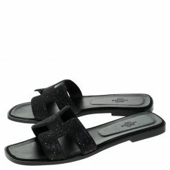 Hermes Black Glitter Leather Oran Flat Slides Size 41 For Women -Deals Hermes Store luxury women hermes used shoes p244266 007
