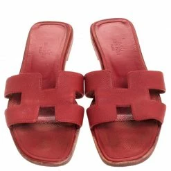 Hermes Red Leather Oran Flat Slides Size 37 For Women -Deals Hermes Store luxury women hermes used shoes p245889 004