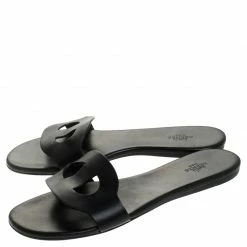 Hermes Black Leather Lisboa Flat Slides Size 39 For Women -Deals Hermes Store luxury women hermes used shoes p247414 001
