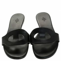 Hermes Black Leather Lisboa Flat Slides Size 39 For Women -Deals Hermes Store luxury women hermes used shoes p247414 002