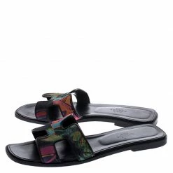 Hermes Multicolor Modernisme Tropical Print Canvas Oran Flat Slides Size 39 For Women -Deals Hermes Store luxury women hermes used shoes p248125 006