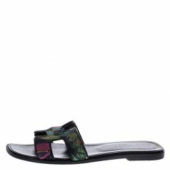 Hermes Multicolor Modernisme Tropical Print Canvas Oran Flat Slides Size 39 For Women -Deals Hermes Store luxury women hermes used shoes p248125 007