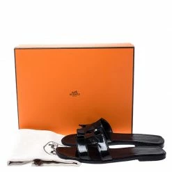 Hermes Black Patent Leather Oran Flat Slides Size 37.5 For Women -Deals Hermes Store luxury women hermes used shoes p249007 008