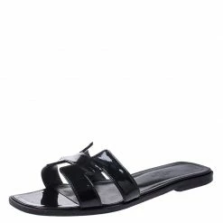Hermes Black Patent Leather Oran Flat Slides Size 37.5 For Women