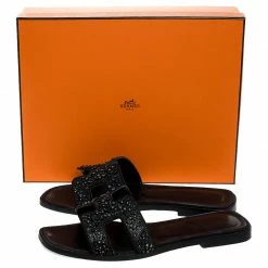 Hermes Black Crystal Embellished Oran Flat Slides Size 38 For Women -Deals Hermes Store luxury women hermes used shoes p249816 002