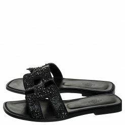 Hermes Black Crystal Embellished Oran Flat Slides Size 38 For Women -Deals Hermes Store luxury women hermes used shoes p249816 003