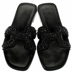 Hermes Black Crystal Embellished Oran Flat Slides Size 38 For Women -Deals Hermes Store luxury women hermes used shoes p249816 005