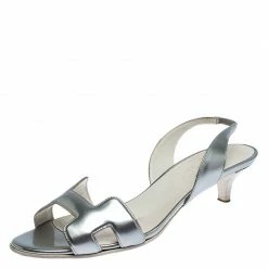 Hermes Metallic Silver Patent Leather Night Slingback Sandals Size 38.5 For Women