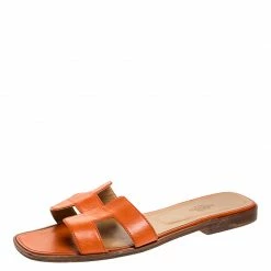 Hermes Orange Leather Oran Flat Slides Size 39 For Women