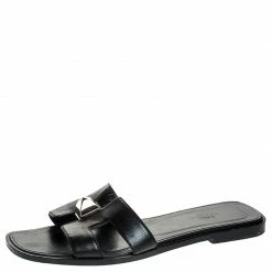 Hermes Black Leather Medor Pyramid Oran Flat Slides Size 36.5 For Women
