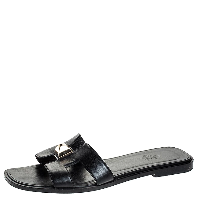 Hermes Black Leather Medor Pyramid Oran Flat Slides Size 36.5 For Women 3 Hermes Black Leather Medor Pyramid Oran Flat Slides Size 36.5 For Women