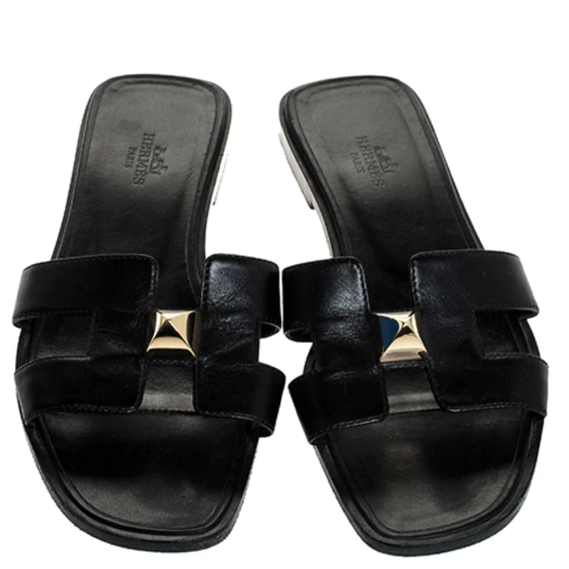 Hermes Black Leather Medor Pyramid Oran Flat Slides Size 36.5 For Women 5 Hermes Black Leather Medor Pyramid Oran Flat Slides Size 36.5 For Women - Image 3
