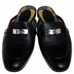 Hermes Black Calfskin Leather Palladium Plated Oz Mules Size 36.5 For Women -Deals Hermes Store luxury women hermes used shoes p251445 005