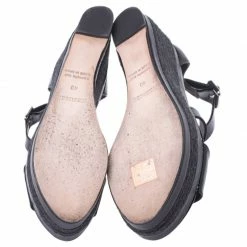 Hermes Black Textured Patent Leather Ilana Espadrille Wedges Sandals Size 40 For Women -Deals Hermes Store luxury women hermes used shoes p255278 001
