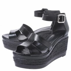 Hermes Black Textured Patent Leather Ilana Espadrille Wedges Sandals Size 40 For Women -Deals Hermes Store luxury women hermes used shoes p255278 006