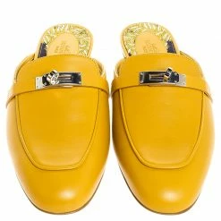 Hermes Mustard Calfskin Leather Palladium Plated Oz Mules Size 41 For Women -Deals Hermes Store luxury women hermes used shoes p255302 003
