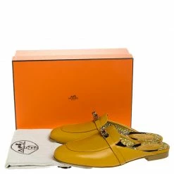 Hermes Mustard Calfskin Leather Palladium Plated Oz Mules Size 41 For Women -Deals Hermes Store luxury women hermes used shoes p255302 004